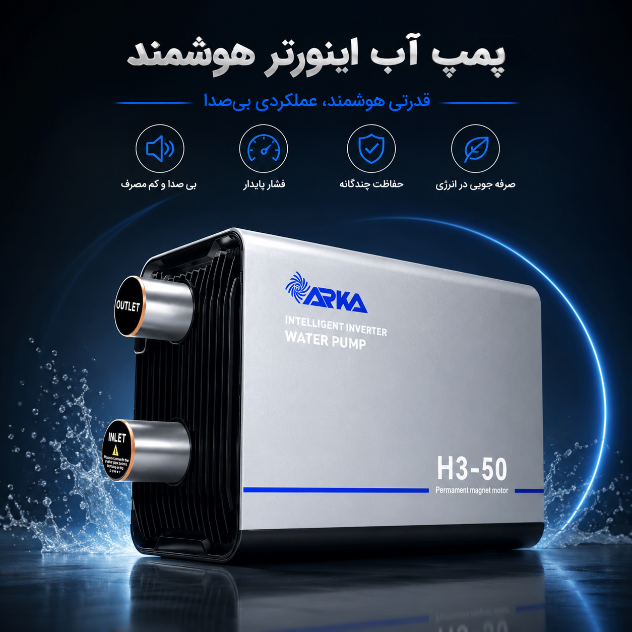 پمپ آب سوپر سایلنت هوشمند دور متغیر آرکا مدل H2-32 – پمپ کاملاً بی‌صدا با کنترل فشار دیجیتال